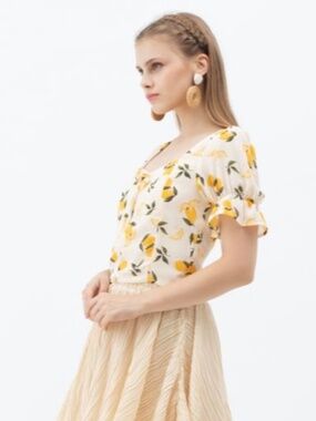 Chicwish Lemon Print Puff Sleeve Blouse